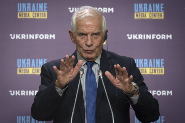 High Representative of the European Union for Foreign Affairs and Security Policy Josep Borrell speaks during his press conference in Kyiv, Ukraine, Sunday, Oct. 1, 2023. (AP Photo/Efrem Lukatsky)
