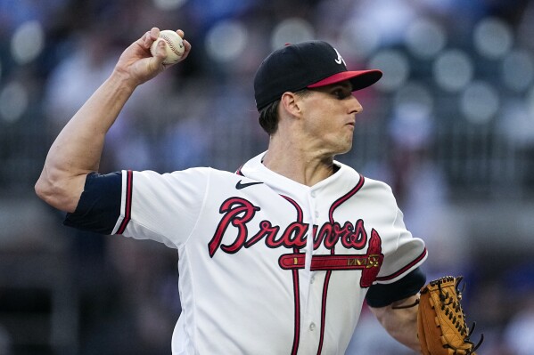 Atlanta Braves starting pitcher Kyle Wright (30) works against the Philadelphia Phillies in the first inning of a baseball game Monday, Sept. 18, 2023. (AP Photo/John Bazemore)