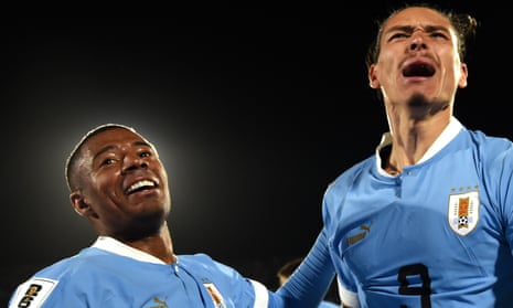 Nicolás de la Cruz (left) celebrates with his fellow goalscorer Darwin Núñez after sealing Uruguay’s 2-0 win at home to Brazil.