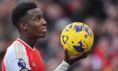 Arsenal's Eddie Nketiah with the match ball after his hat-trick against Sheffield United.