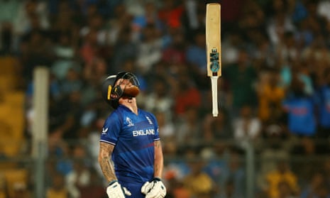 Ben Stokes reacts after losing his wicket in the World Cup game against South Africa.