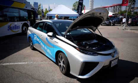 A 2021 Toyota Prius that runs on a hydrogen fuel cell on display at the Denver auto show on 17 September 2021.