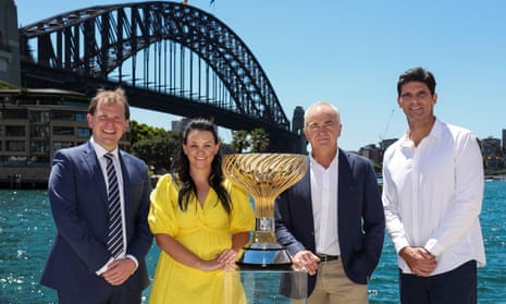 Tournament director Stephen Farrow with former tennis players Casey Dellacqua, Wally Massur and Mark Philippoussis in Sydney at the draw for the United Cup.