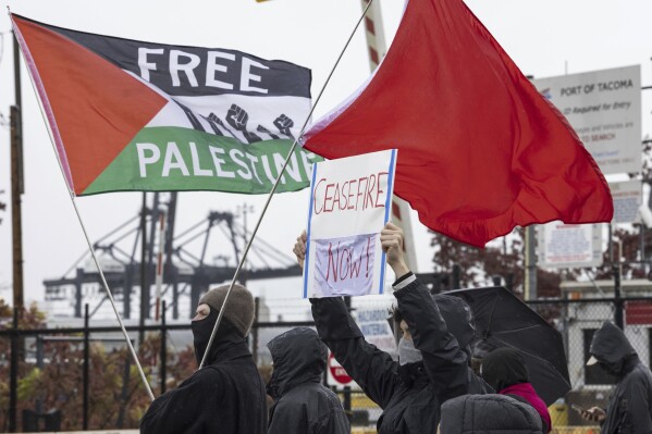 Hundreds of pro-Palestinian protesters gather at the Port of Tacoma at Terminal 7 to block what they believe to be a military ship bound for Israel, Monday, Nov. 6, 2023. (Ellen M. Banner/The Seattle Times via AP)
