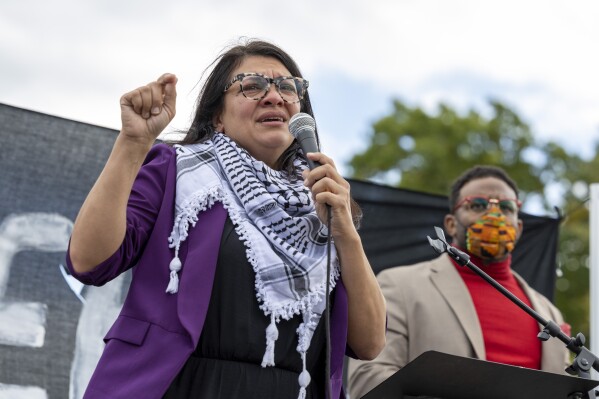 FILE - Rep. Rashida Tlaib, D-Mich., speaks during a demonstration calling for a ceasefire in Gaza, Oct. 18, 2023, near the Capitol in Washington. On Monday, Nov. 6, Tlaib responded to criticisms from fellow Democrats regarding a video she posted Friday, Nov. 3, that included a clip of demonstrators chanting “from the river to the sea.” Tlaib said in her response that her “colleagues” are trying to silence her and are “distorting her words.” (AP Photo/Amanda Andrade-Rhoades, File)