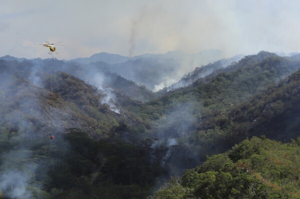 CORRECTS TO HONOLULU FIRE DEPARTMENT HELICOPTER This photo provided by the Hawaii Department of Land and Natural Resources shows an Honolulu Fire Department helicopter carrying water to douse a wildfire burning east of Mililani, Hawaii, on Thursday, Nov. 2, 2023. A wildfire that has burned forestlands in a remote mountainous area of Central Oahu has moved eastward and away from population centers as firefighters continued to battle the blaze. (Dan Dennison/Hawaii Department of Land and Natural Resources via AP)