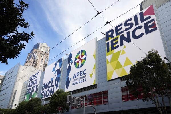 Signs welcome visitors to the APEC Summit, Monday, Nov. 13, 2023, in San Francisco. (AP Photo/Eric Risberg)