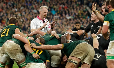Wayne Barnes makes a decision during the Rugby World Cup final between New Zealand and South Africa.