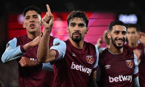 Lucas Paquetá points to the sky after scoring West Ham’s winner